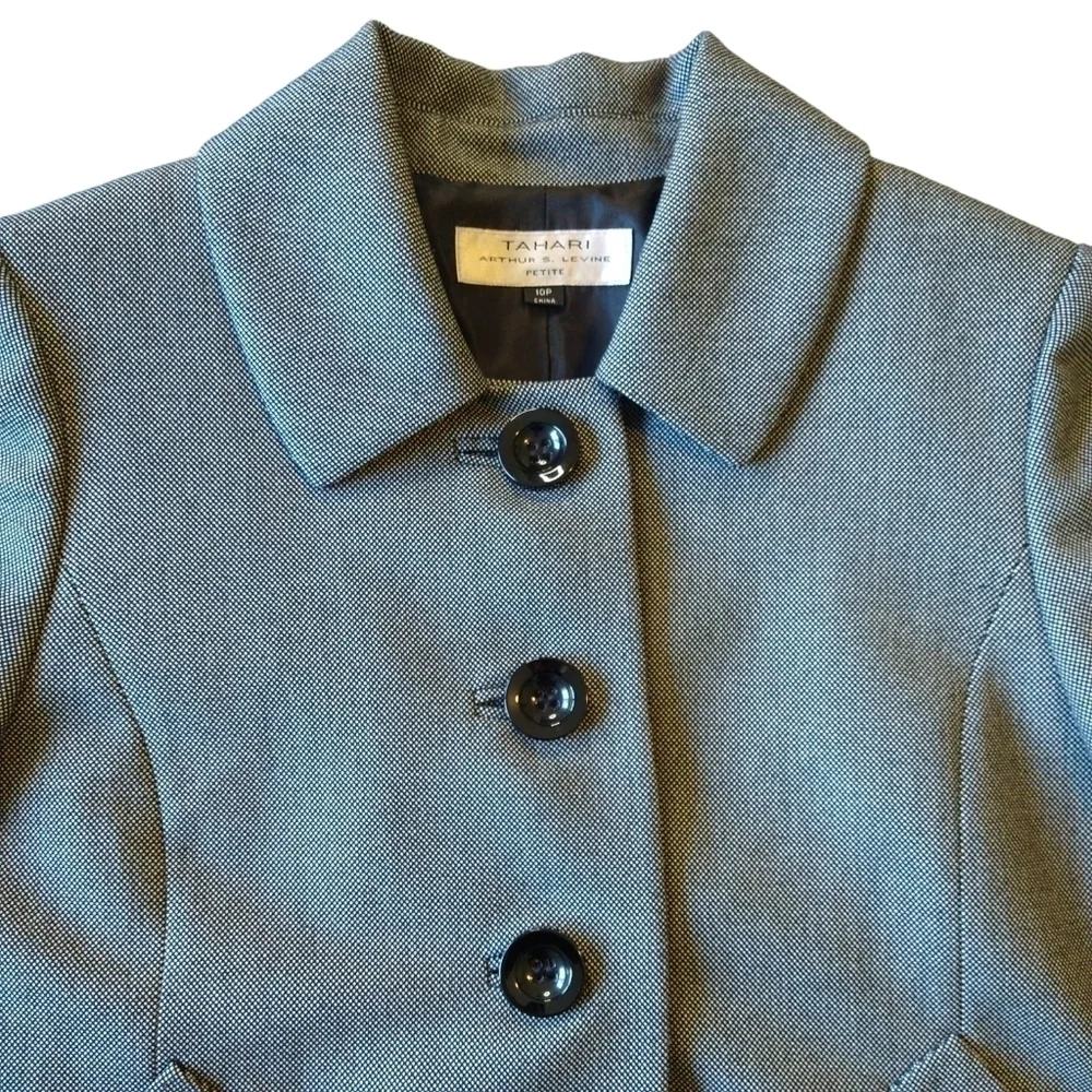 Tahari ASL Gray Mini Polka Dot Blazer Large Black Buttons Preppy Career PETITE